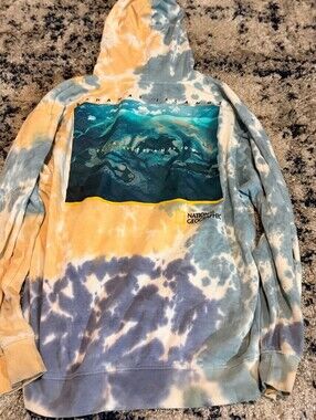 National Geographic Tie Dye Hoodie Men L Blue Yellow Bahamas Exuma Back Print